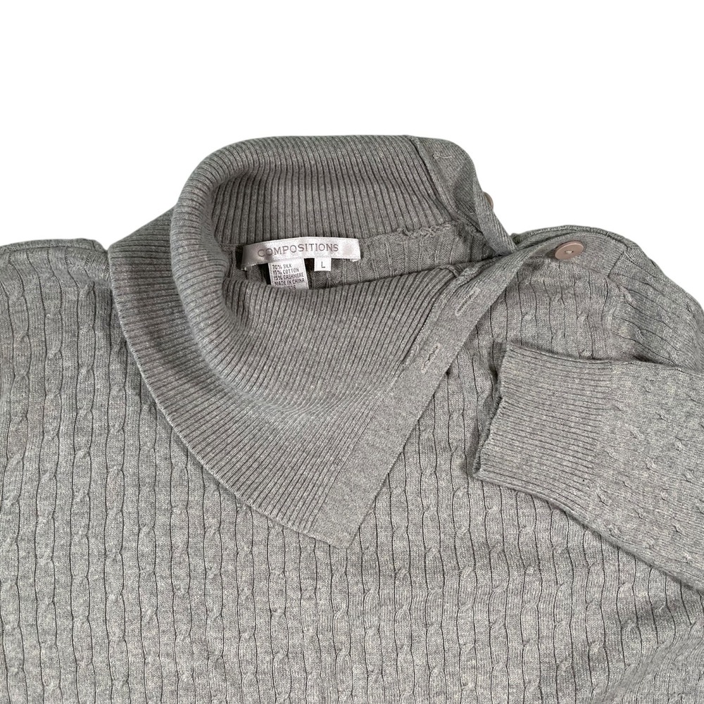 Compositions L Gray Sweater Silk Cashmere Blend Cable Knit Button Funnel Neck